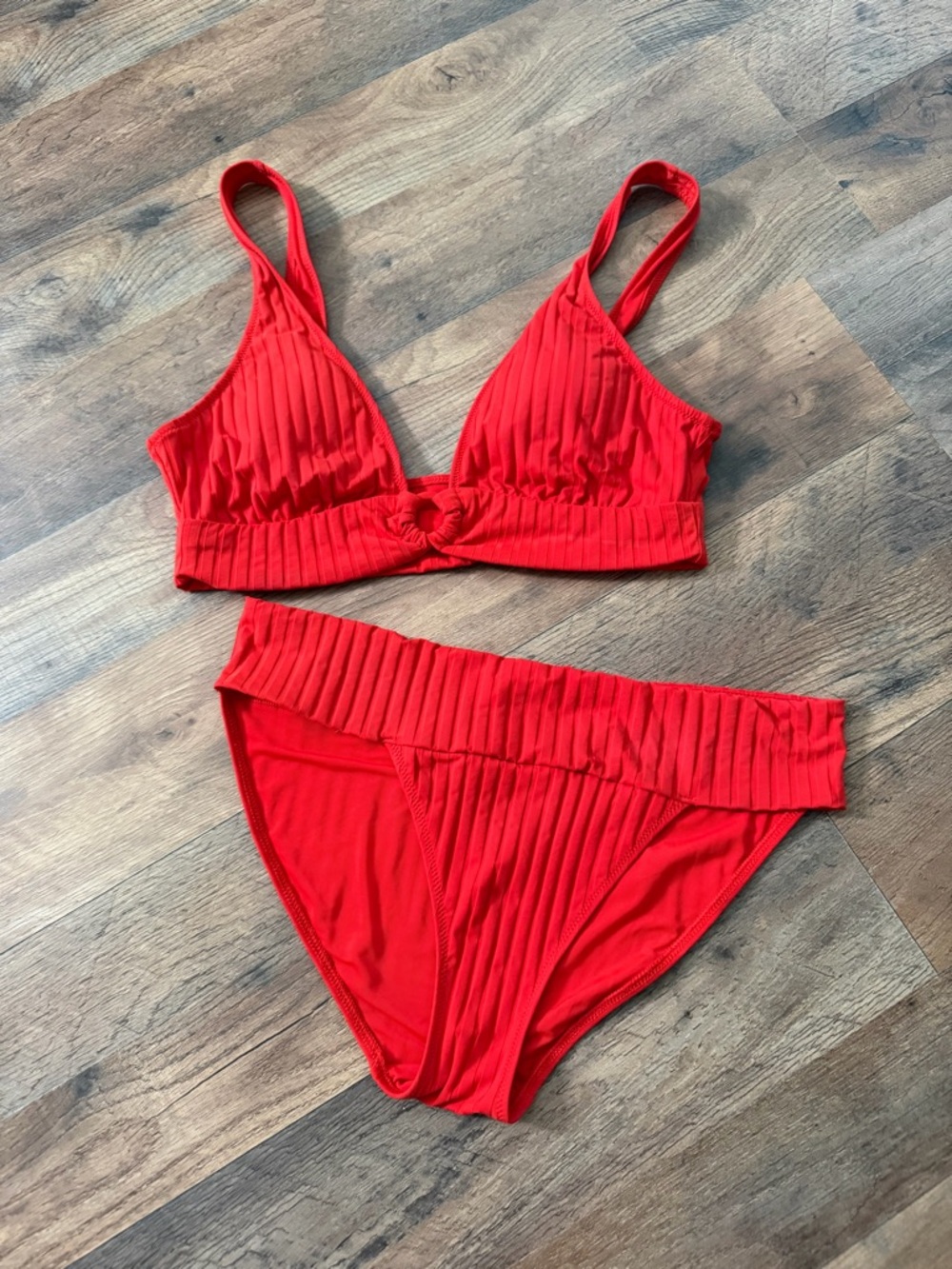 Aerie Ribbed Red Bikini Set - Two Piece High Waisted Bottom